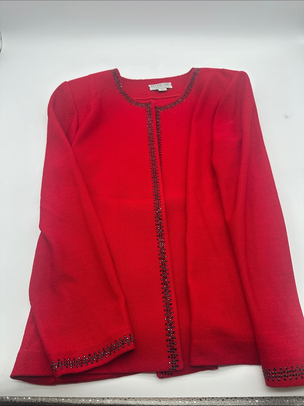 Tiffany Knit Red Beaded Trim Cardigan Jacket